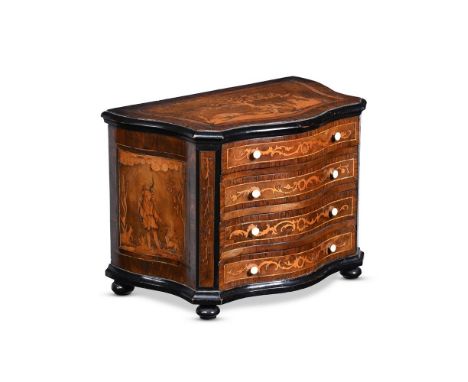 Y&nbspAN ITALIAN OLIVEWOOD, ROSEWOOD, EBONISED AND MARQUETRY SERPENTINE MINIATURE COMMODE LATE 18TH CENTURY 26cm high, 37cm w