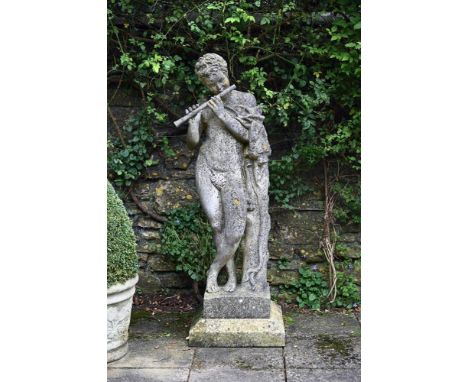 A STONE COMPOSITION MODEL OF THE PIPING FAUN  POSSIBLY BY HADDONSTONE, 20TH CENTURY 154cm high overall, the base 50cm wide, 5