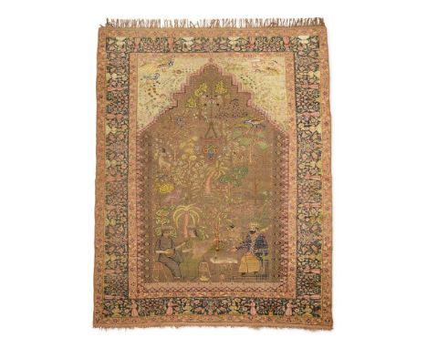 A SIOUF KASHAN PRAYER RUG The central field with metallic thread, decorated with figures and animals approximately 218 x 150c