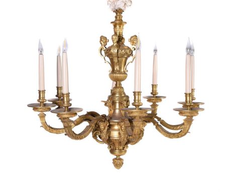 AN ORMOLU EIGHT LIGHT CHANDELIER AFTER THE MODEL BY ANDRE CHARLES BOULLE, FRENCH MID TO EARLY 20TH CENTURY  With herm, mask a