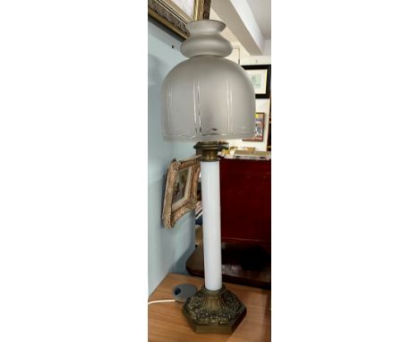 A glass and brass electric table lamp with 'Mushroom' shaped shade (possibly conversion), height 85cm