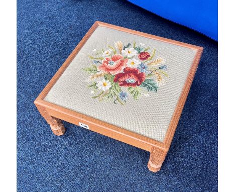 Sid Pollard of Thirsk (1914-1994) Ex Mouseman - a foot stool with embroidery to the top together with a letter holder inform 