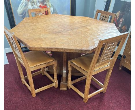 Sid Pollard of Thirsk (1914-1994) Ex Mouseman - dining table and set of four chairs, table height 75cm, diameter 146cm.
