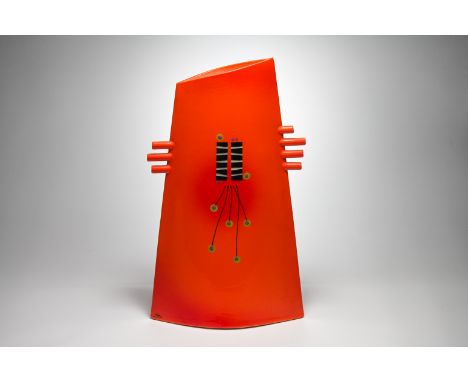 Richard Godfrey abstract ceramic sculpture, asymmetrical in form with vibrant red slip glaze, 42cm