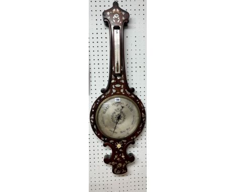 A mahogany cased 'Banjo' two glass barometer with Mother of Pearl inlaid and flower design, 102cm x 34cm.