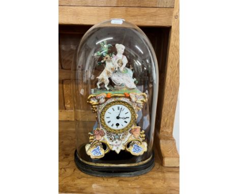 French mantle clock circa 1890, Paul Mancel, Paris, ornate porcelain figurative clock on plinth, roman dial, under glass dome