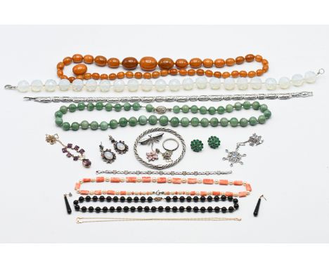 A mixed lot to include an opaline bead necklace, carved flower coral bead &amp; pearl necklace, a jadeite bead necklace with 