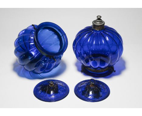 Pair of Victorian blue glass hanging light fittings approx. 29cm, boxed