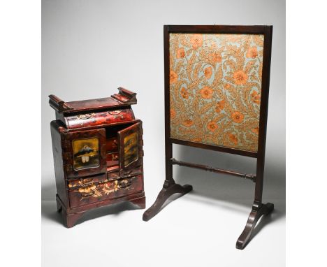 A Japanese red lacquer table cabinet with some contents together with a small fire screen.