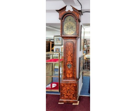 A large walnut and marquetry inlaid longcase clock, maker inscribed on dial Joseph Sephton of Prescott, approx. 250cm, moveme