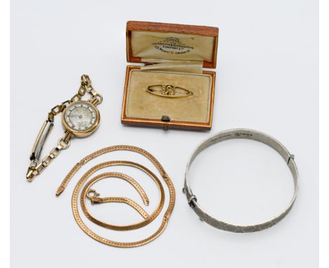 A small mixed lot to include a 15ct yellow gold and seed pearl (pearls missing), 9ct gold Waverley watch, bangle etc.