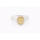 ** ON SALE ** Oval Cut & Shape Fancy Yellow Natural Diamond Halo Ring - Set In 18k White Gold
