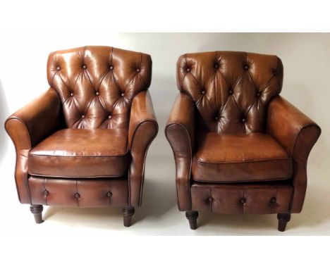 CLUB ARMCHAIRS, a pair, hand dyed light tan leather with deep button upholstered backs and cushion seat. (2)