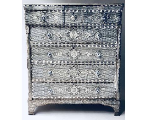 SYRIAN COMMODE, 19th century hardwood bone and mother of pearl profusely inlaid with five long drawers, (prov: by repute, for