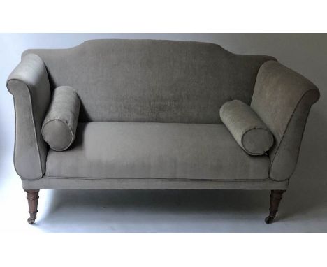 SOFA, early 19th century, mahogany framed, upholstered in grey velvet, with scroll arms and turned front supports, 154cm W.