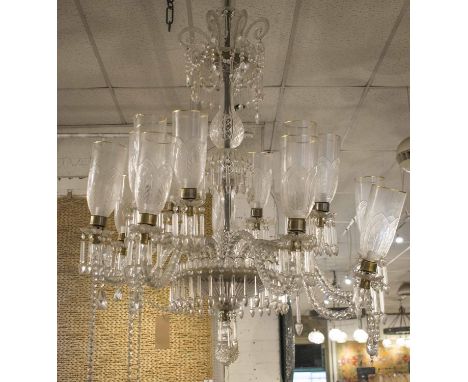 CHANDELIER, of substantial proportions, sixteen branch cut crystal with cut glass hurricane shades, 112cm W x 150cm drop. (wi