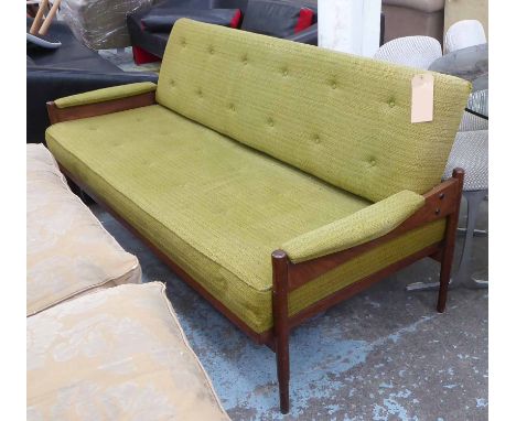 SOFA, vintage 1970's Danish teak and green buttoned back upholstered, 175cm W. (with faults)