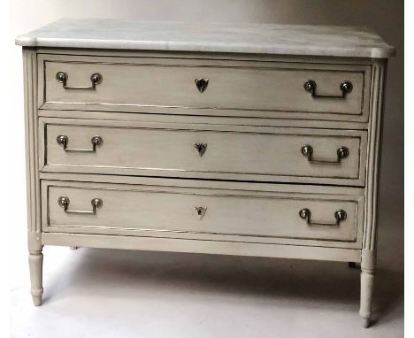 COMMODE, 19th century French Directoire style traditionally grey painted and silvered metal mounted with three long drawers a