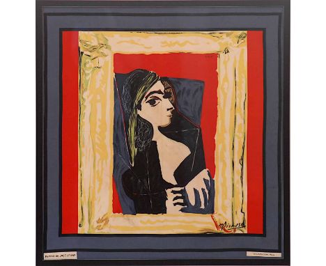 PABLO PICASSO 'Portrait of Jacqueline', silk, Spadem edition, 85cm x 80cm, framed and glazed.