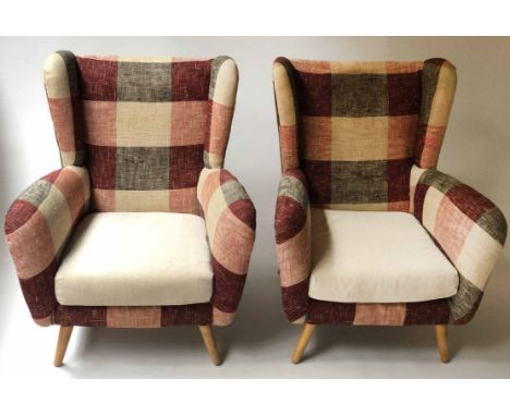 HOWARD KEITH ARMCHAIRS, a pair, 1950's pre 1952 wing armchairs with early vintage conserved linen upholstery with splay taper