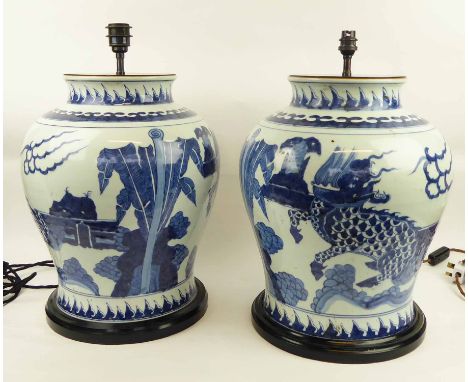 TABLE LAMPS, a pair, Chinese blue and white of large proportions, 50cm H. (2)