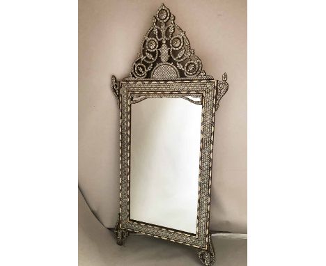 SYRIAN WALL MIRROR, 19th century hardwood bone and mother of pearl profusely inlaid rectangular with scroll foliate crest, 19