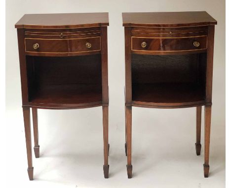 LAMP TABLES, a pair, George III style mahogany and boxwood strung bow fronted with slide, drawer and alcove, 76cm H x 40cm x 