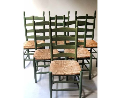 COUNTRY HOUSE LADDER BACK DINING CHAIRS, a set of six, traditional green painted ladder backs and rush woven seats, 104cm. (6