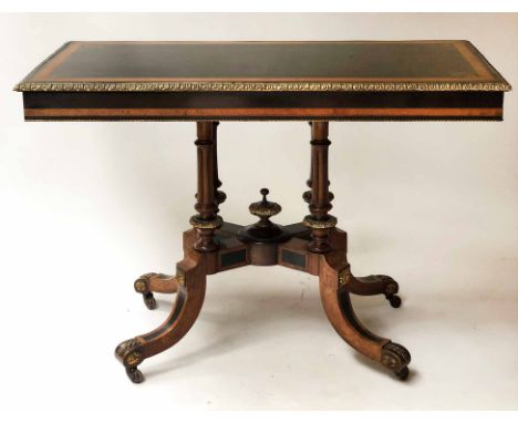 SOFA TABLE, Victorian ebony, satinwood amboyna crossbanded and gilt metal mounted rectangular inlaid with four fluted columns