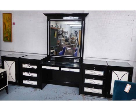 DRESSING TABLE, of substantial proportions, black lacquer with white leather detail and polished metal accents, glass top, li