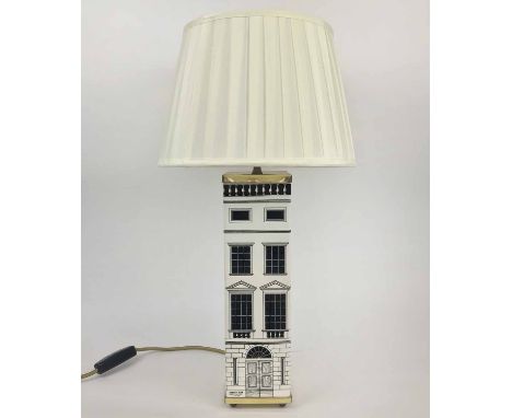 FORNASETTI TABLE LAMP, ceramic with lithographic transfer print and brass fittings, 57.5cm H including shade. (slight faults)