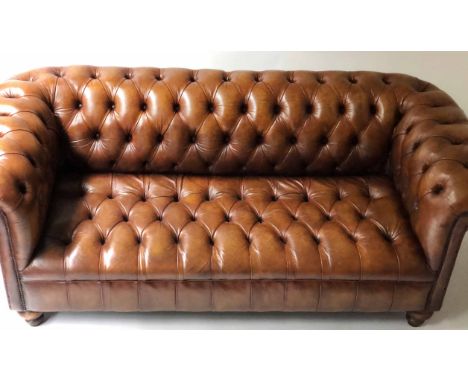 CHESTERFIELD SOFA, Victorian style hand dyed and deep button upholstered leaf brown leather with curved back and arms 196cm W