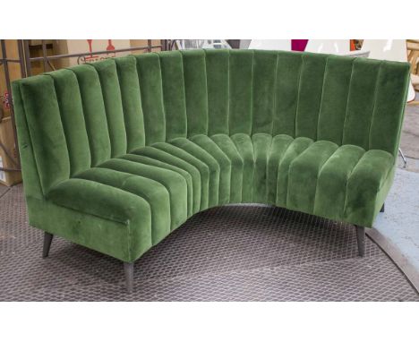 CORNER SOFA, scalloped back and seat in green velvet, 86cm H x 62cm seat D, 140cm total, 194cm across.