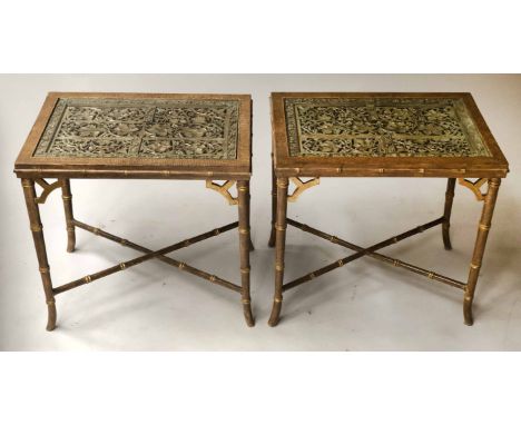 MALLETT LAMP TABLES, a pair, rectangular with glazed insert tops each containing finely carved part gilded fragments of India