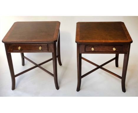 LAMP TABLES, a pair, George III style burr walnut and crossbanded with drawer and X stretcher support, 50cm x 50cm x 56cm H. 