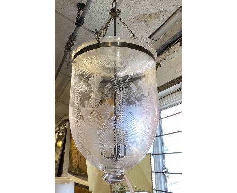 BELL LANTERN, etched glass and brass, triform light, 100cm H x 40cm. (with faults)