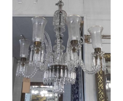CHANDELIER, six branch, cut glass with etched shades, 95cm drop approx x 80cm W. (with slight faults)