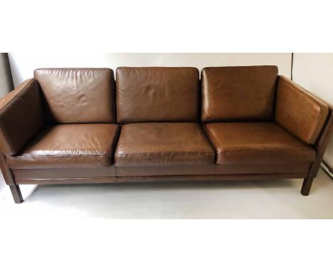 DANISH SOFA, 1970's Danish grained mid brown hide leather with three seat and back cushions, 214cm W.