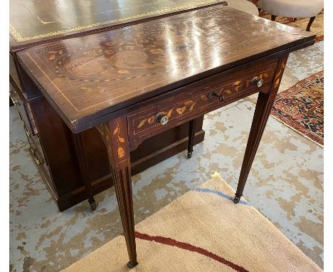 CARD TABLE, late 18th/early 19th century Dutch mahogany and marquetry inlaid with a frieze drawer on square tapering fluted s
