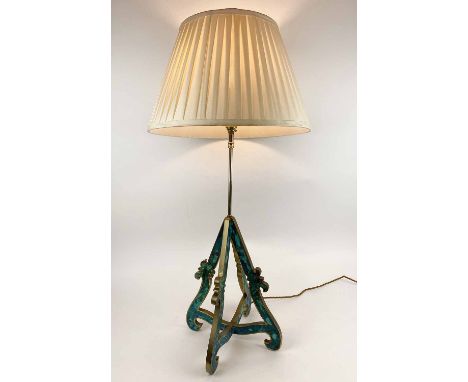 ATTRIBUTED TO PEPE MENDOZA TABLE LAMP, Mexican circa 1950's, brass with turquoise ceramic inlay, with pleated shade, 85cm H. 