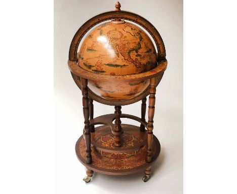 GLOBE COCKTAIL CABINET, in the form of an antique terrestrial globe on stand with rising lid and fitted interior, 96cm H.