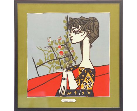 PABLO PICASSO 'Portrait of Muez', silk, Spadem, 75cm x 75cm, framed and glazed. (Subject to ARR - please see Buyers Condition