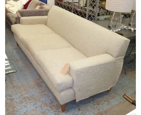 GEORGE SMITH SOFA, three seater, with stone green upholstery, 238cm L x 87cm H. 