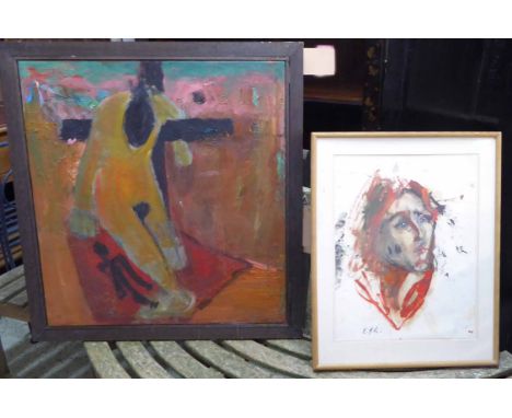 ELIZABETH LYONS (Contemporary American) 'Crucifixion' and 'Portrait of Muriel', oil on canvas and a watercolour, 73cm x 56cm 