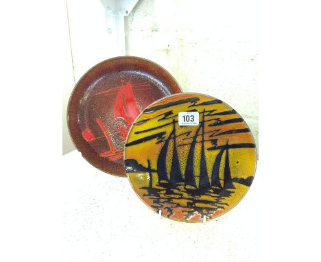 A Poole Pottery Aegean dish, shape 5, decorated with sailing boats together with another, shape 3 in a similar design.