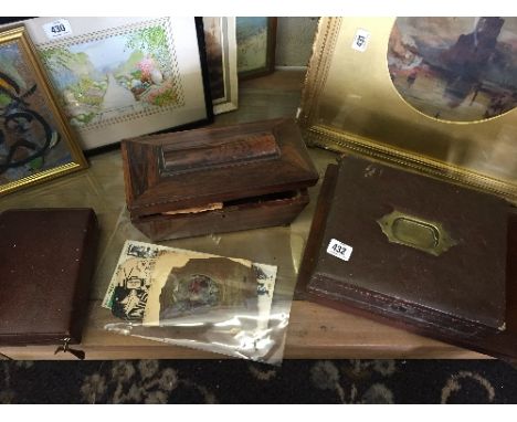 A 19th century rosewood tea caddy (af) together with a leather writing slope, mirror, vanity case and a small quantity of eph