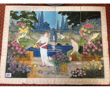 An early 20th century Japanese Majolica Tubelined tile panel by the Saji Tile Work Co., modelled as two female figures in a g