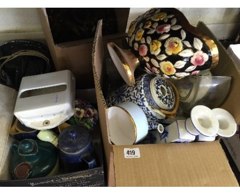 Two boxes of china and glass together with a beaded lamp shade and an Art Deco plaster figural lamp base (latter af).