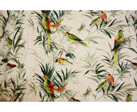 A pair of white ground curtains with a parrot print, lined and interlined, and a single curtain