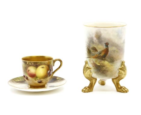 A Royal Worcester vase, decorated with pheasants by James Stinton together with a coffee cup decorated with fruit and a simil